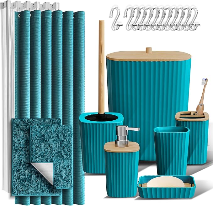 Clara Clark Teal Bathroom Set, Bathroom Sets with Shower Curtain and Rugs | 22 Piece Bathroom Accessories Set with Toothbrush Holder, Soap Dispenser, Soap Dish, Toilet Brush, and Bathroom Trash Can