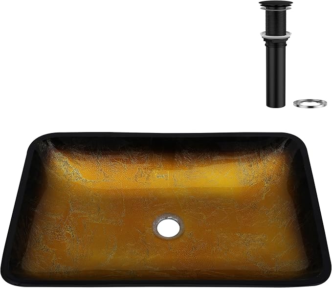 Logmey 22" Glass Bathroom Vessel Sink Vanity Countertop Rectangular Bowl with Black Pop up Drain Set,Glass Art Basin,Yellow Gradient