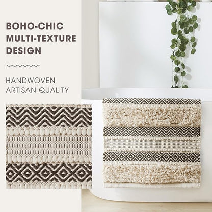 INK+IVY Asher Non-Slip Bath Rug Absorbent Quick Dry, 22 x 58, Black | Soft Pile, Machine Washable, Striped Pattern, Boho, OEKO-TEX Certified, Hand-Woven Texture, for Bathroom, Shower Room