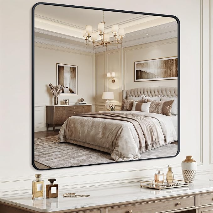 Bathroom Mirror 40"x40" Matte Black Rectangle Bathroom Wall Mirror for Over Sink, Modern Large Vanity Mirror, HD Tempered Glass, Anti-Rust Aluminum Alloy Frame, for Living Room, Bedroom, Entryway