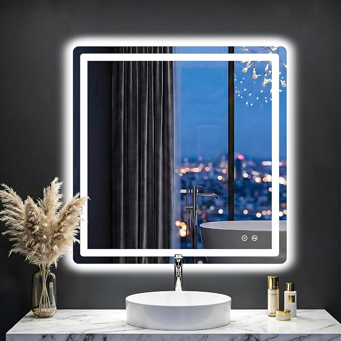 LED Bathroom Mirror with Lights, 30"x30" Lighted Vanity Mirror for Wall | Anti-Fog, Dimmable 3 Color Light, Backlit+Frontlit, Shatterproof Tempered Glass, Memory Function