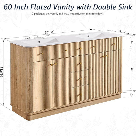 T4TREAM 60 Inch Bathroom Vanity with Sink, Modern Fluted Large Double Sink Bathroom Vanity with 2 Storage Cabinets, Adjustable Shelf, and 3 Small Drawers, Natural Oak