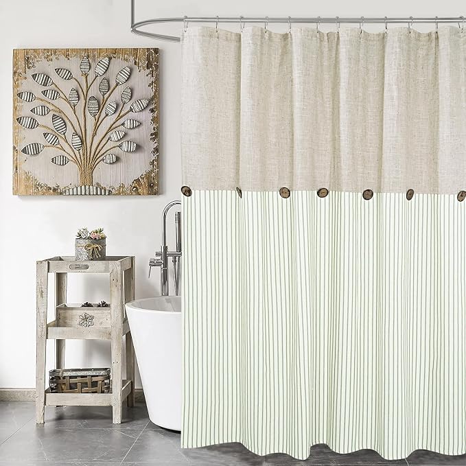 DOSLY IDÉES Farmhouse Shower Curtain, Beige and Green Stripe, Button Curtain, Linen and Cotton Blend Fabric, Rustic Charm Country Chic Style, 72x72 in