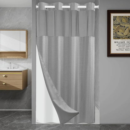 SORTTO No Hook Shower Curtain with Snap in Liner Set Waffle Shower Curtain for Bathroom Hotel Style Fabric Waterproof Inner Liner，60" W x 74" H, Grey