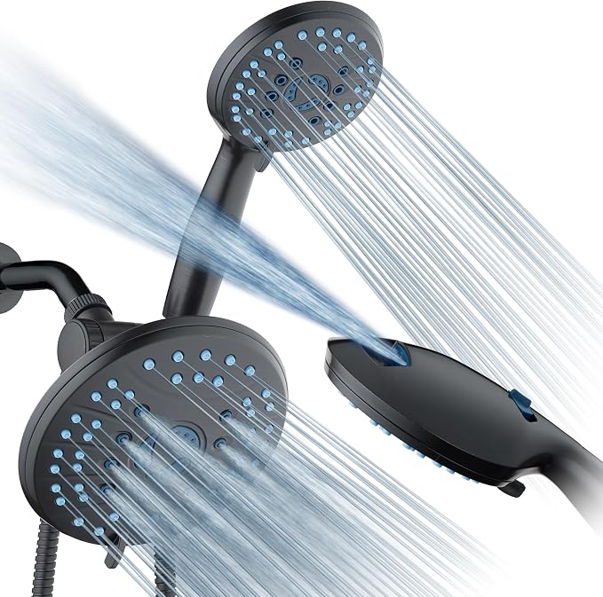 AquaCare 50-mode High Pressure 7 inch Shower Head Combo w/Dual Power Wash | Hygienic Jets, 2-mode Handheld Power Wash for Tub, Tile & Pets, Long 6 ft. Stainless Steel Hose, Extra Wall Bracket / Bronze