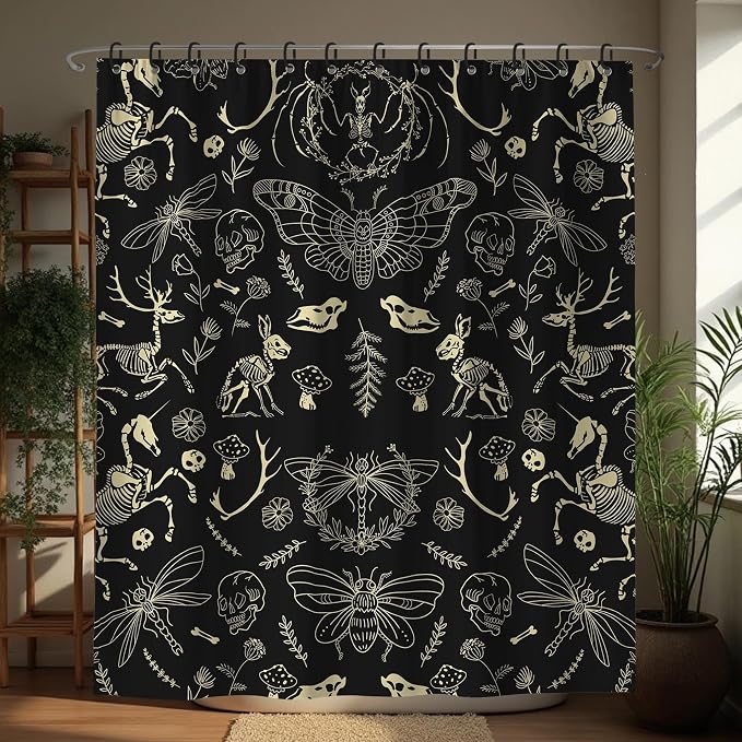 Black Goth Witchy Skull Shower Curtain Gothic Home Gift Set 72x72 Inches | Wild Animal Skeleton Goth Witchy Moth Print, Urban Home Guest Housewarming Gothic Lover Bath Decor, With Fabric Hooks