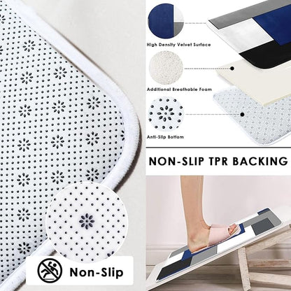 Bathroom Sets with Shower Curtain and Rugs, 4 Pcs, Geometric Navy | Abstract Checkered Modern Bathroom Decor Set with Toilet Lid Cover, Non-Slip Bath Mats and Accessories 12 Hooks