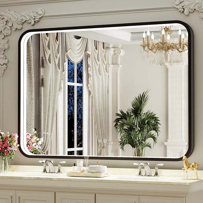 40x30 Inch LED Black Frame Bathroom Mirror,3- Color | ETL Listed,Anti-Fog,3000K/4500K/6000K Dimmable,Horizontal & Vertical,Wall Mounted,Memory Function