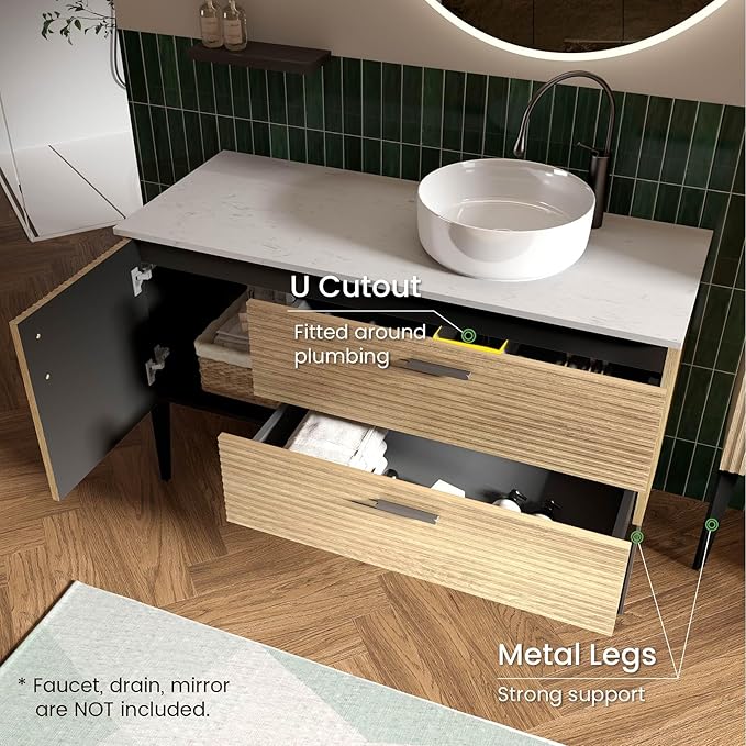 48" Bathroom Vanity with Sink and Side Cabinet Combo Set, Modern Bathroom Cabinet with Ceramic Vessel Sink, Engineered Stone Top, Soft-Closing Drawers & Door, Natural Oak