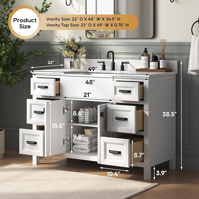48 Inch White Bathroom Vanity with Sink, Farmhouse Bathroom Sink Cabinet with Soft Closing Doors & Dovetail Drawers, Single Apron Farm Sink, No Assembly Required