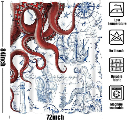 Fungarth 84 Inch Extra Long Red Nautical Octopus Shower Curtain Navy Blue Mermaid Funny Ocean Kraken Shower Curtains for Bathroom Anchor Coastal Map Waterproof Fabric Bath Curtain (Red, 72” x 84”)