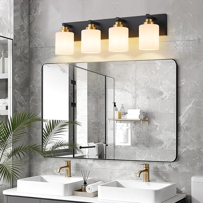 Vanity Lights for Bathroom, 4-Light Black and Gold Bathroom Vanity Light Over Mirror with Milky White Glass Shades, Modern Bathroom Light Fixtures for Living Room Hallway Cabinet (Bulbs Not Included)