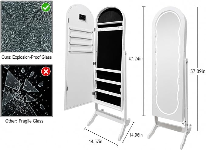 Fiqevs RGB Mirror Jewelry Cabinet, Remote Control LED Mirror with Storage | Arched Standing Jewelry Armoire with Full Length Wavy Mirror, Lockable, Spacious Storage Organizer, Gift Idea, White