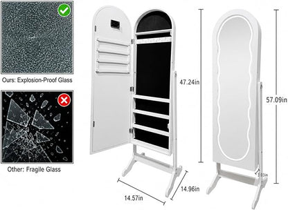 Fiqevs RGB Mirror Jewelry Cabinet, Remote Control LED Mirror with Storage | Arched Standing Jewelry Armoire with Full Length Wavy Mirror, Lockable, Spacious Storage Organizer, Gift Idea, White