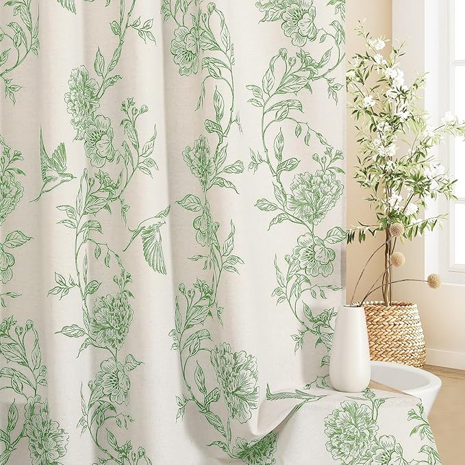 MitoVilla Green Farmhouse Shower Curtain Set, Cotton Floral Hummingbird Cottagecore Spring Shower Curtains for Bathroom, Modern Country Bathroom Décor, 72" W x 72" L