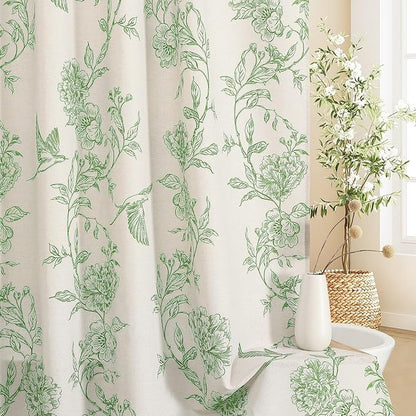 MitoVilla Green Farmhouse Shower Curtain Set, Cotton Floral Hummingbird Cottagecore Spring Shower Curtains for Bathroom, Modern Country Bathroom Décor, 72" W x 72" L