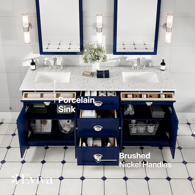 Eviva Epic 72 in. Blue Double Sink Bath Vanity with Carrara Quartz Top and Undermount Porcelain Sinks