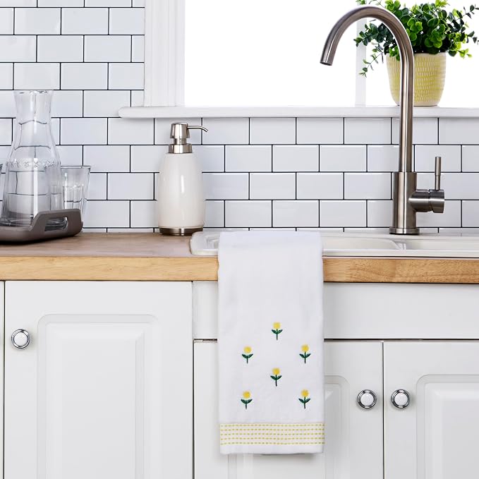 SKL Home Staggered Blossoms Hand Towel Set-2pc, 100% Cotton, White | Soft velour with decorative embroidery. For use in the bathroom, kitchen, bar or any sink space & makes a great gift.