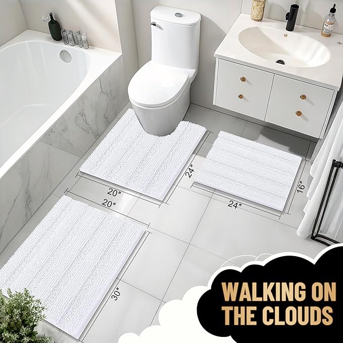 OLANLY Thick Bathroom Rugs 34x21, Soft Chenille Striped Bath Rugs, White | Rubber Backing, Machine Wash, Extra Absorbent Bath Mats for Bathroom Floor, Tub and Shower, Home Decor Accessories