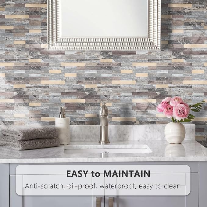 STICKGOO Peel and Stick Backsplash, PVC Wall Tiles Stick on Backsplash for Kitchen(1 Sheet, Distressed Wood with Metal Gold)