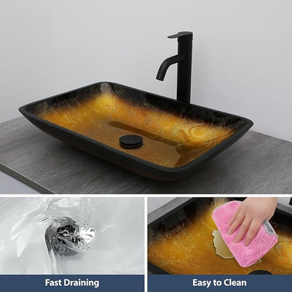 Logmey 22" Glass Bathroom Vessel Sink Vanity Countertop Rectangular Bowl with Black Pop up Drain Set,Glass Art Basin,Yellow Gradient