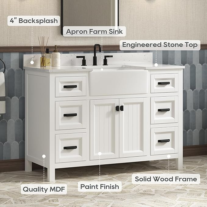 48 Inch Bathroom Vanity with Sink, Farmhouse Bathroom Sink Cabinet with Adjustable Feets, Solid Wooden Frame Single Sink Bathroom Vanity with Soft Closing Doors, Apron Farm Sink, White