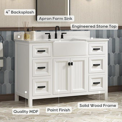 48 Inch Bathroom Vanity with Sink, Farmhouse Bathroom Sink Cabinet with Adjustable Feets, Solid Wooden Frame Single Sink Bathroom Vanity with Soft Closing Doors, Apron Farm Sink, White