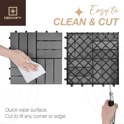 Acacia Interlocking Deck Tiles Outdoor Waterproof All Weather Grey Crossed | Raised Drainage Base, 12x12 In, Trimmable, Oil-Rubbed Finish, No Tools or Sealant Required, Weather-Resistant, Washable