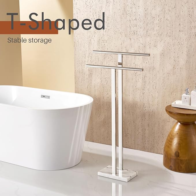 KOKOSIRI Floor Stand Towel Rack for Bathroom 2-Tier Free Standing Towel Holder with Heavy Marble Base Thicken Steady Design Polished Chrome Stainless Steel THS0005-CH