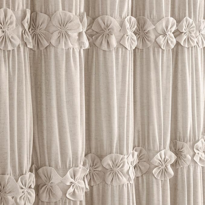 Ruffle Farmhouse Linen Shower Curtain with Vintage Bow Beige 72" W x 72" H | Linen Blend Fabric, Ruffle Bow and Ruffled Hem，Linen Texture，Machine Washable，12 Metal Holes and Plastic Hooks