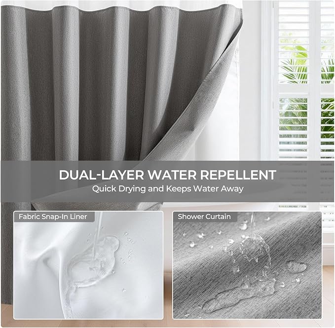 River Dream Linen Textured No Hooks Shower Curtain with Liner,Grey,71x86 | Extra Long,Mesh Top Window,with Snap-in Liner,Heavy Duty Fabric,Quick Dry,Bottom Magnet,Water-Repellent,Washable,Bathroom Set