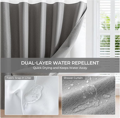 River Dream Linen Textured No Hooks Shower Curtain with Liner,Grey,71x86 | Extra Long,Mesh Top Window,with Snap-in Liner,Heavy Duty Fabric,Quick Dry,Bottom Magnet,Water-Repellent,Washable,Bathroom Set