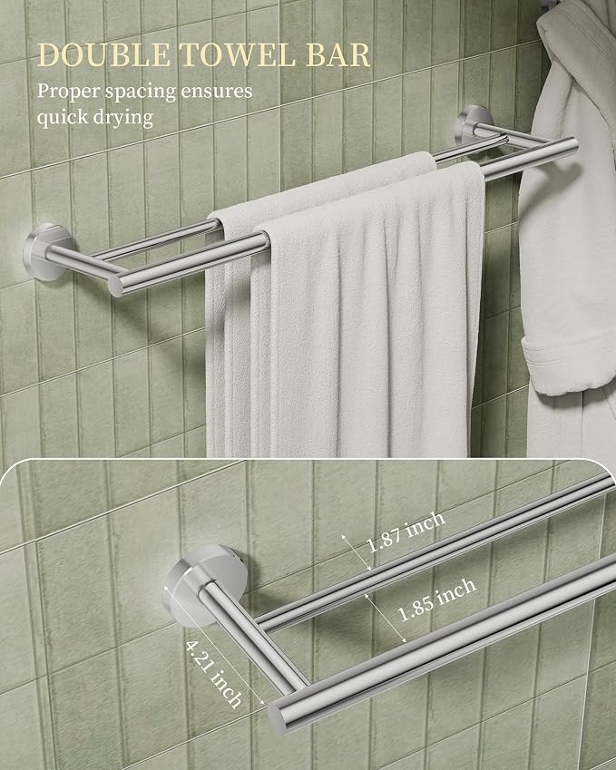 Chrome Bathroom Hardware Accessories Set 5 pcs Double Towel Holder Bar Set | 24 inches Stainless Steel Towel Bar, Towel Racks for Bathroom Robe Towel Hooks Toilet Paper Holder Wall Mounted by BATHLAVISH