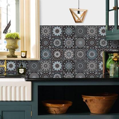 6X6 in Mandala Tile Stickers,12Pcs Wall Tile Decals | 1.6mm-Thick Foam+PE Tiles,Self Adhesive Backsplash Tile,Waterproof Removable Wall Decor for Kitchen,Bathroom