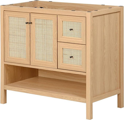 JONATHAN Y VAN1025A Jasper 36 in. W x 18 in. D x 33 in. H Rattan Modern Coastal 2-Shelf Bathroom Vanity Cabinet Only with Soft Closing Doors (Sink Basin Not Included), Oak