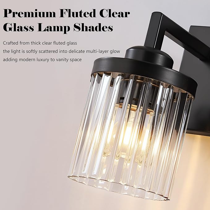 3-Light Black Bathroom Vanity Light, Crystal Glass Shades | Modern Wall Lighting Fixtures Over Mirror, for Bathroom, Matte Black Finish, Rust-resistant Metal, Farmhouse Industrial Style