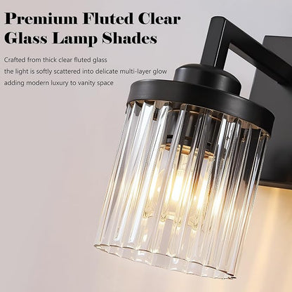 3-Light Black Bathroom Vanity Light, Crystal Glass Shades | Modern Wall Lighting Fixtures Over Mirror, for Bathroom, Matte Black Finish, Rust-resistant Metal, Farmhouse Industrial Style