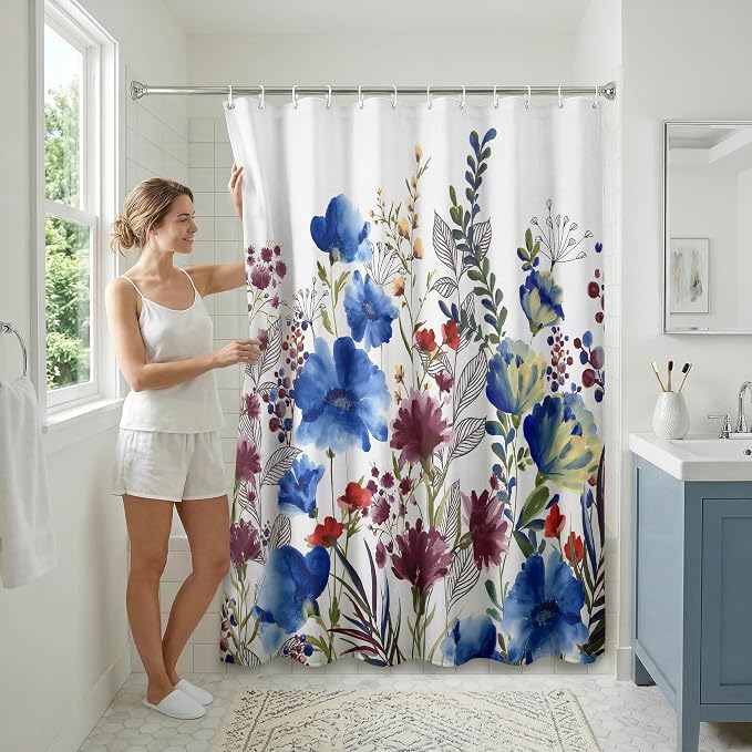Americanflat 71x74 Floral Shower Curtain - Water-Resistant Long Shower Curtain with Metal Grommets and 12 Hooks - 100% Polyester - Botanical Bathroom Curtains - Blue, Purple, Crimson, Green and White