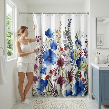 Americanflat 71x74 Floral Shower Curtain - Water-Resistant Long Shower Curtain with Metal Grommets and 12 Hooks - 100% Polyester - Botanical Bathroom Curtains - Blue, Purple, Crimson, Green and White