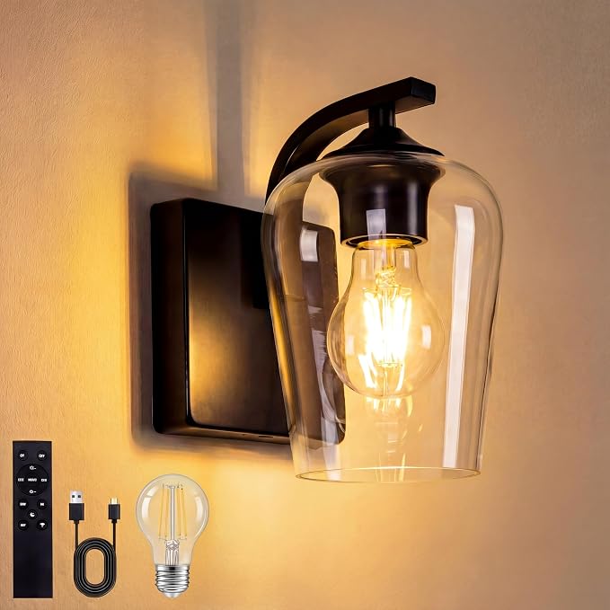 Battery Operated Wall Sconce, Rechargeable Magnetic Wall Lamp with Remote Control, Dimmable LED Bulb & Clear Glass Shade, Wireless Light for Bedroom Bathroom Hallway Farmhouse Decor