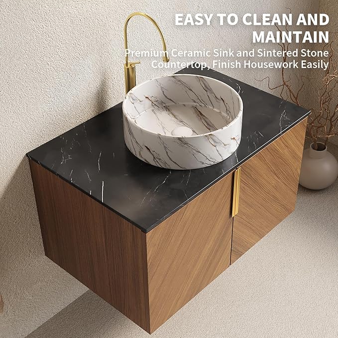 LKTART 30 Inch Bathroom Vanity with Sink, Modern Wall Mounted Bathroom Storage Cabinet with 2 Doors, Black Sintered Stone Countertop and White Round Ceramic Basin, Brown