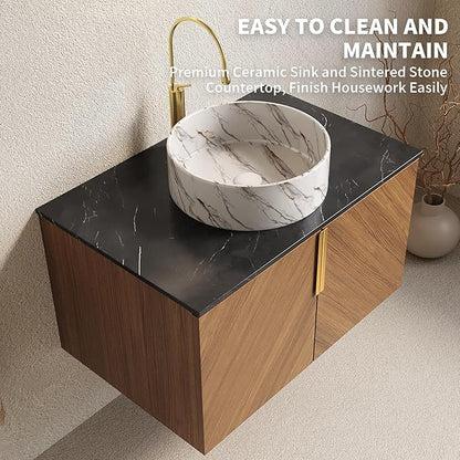 LKTART 30 Inch Bathroom Vanity with Sink, Modern Wall Mounted Bathroom Storage Cabinet with 2 Doors, Black Sintered Stone Countertop and White Round Ceramic Basin, Brown
