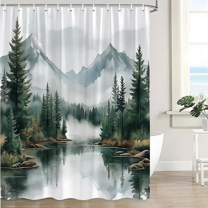Green Misty Forest Shower Curtain Mountain Foggy Pine Trees Landscape Watercolor Jungle Plant Rustic Nature Scenery Lake Fabric Bathroom Curtain Set with Hook