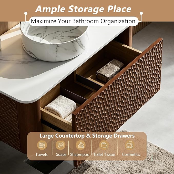 72 Inch Double Vanity with Sink Set, Floating Bathroom Sink Cabinet with Sintered Stone Top&Solid Wood Hammered Frame, Double Bathroom Vanities w/Soft-Close Drawers&1 Side Open Cube