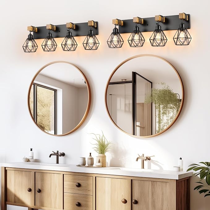 maesta 4 Light Bathroom Vanity Light, Farmhouse Black Fixture Over Mirror | Farmhouse Bathroom Light Fixtures, Wood & Metal, Anti-Rust Easy to Install for Rustic Bathroom Hallway