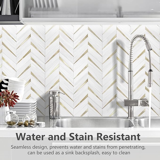 STICKGOO Herringbone Tile Peel and Stick Backsplash for Kitchen&Bathroom | 10-Sheet Self Adhesive Wall Tiles, Dolomite White Mixed Light Gold PVC Stick on Backsplash Tile for Kitchen,Bathroom