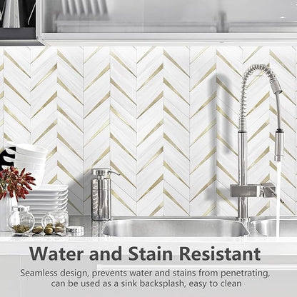 STICKGOO Herringbone Tile Peel and Stick Backsplash for Kitchen&Bathroom | 10-Sheet Self Adhesive Wall Tiles, Dolomite White Mixed Light Gold PVC Stick on Backsplash Tile for Kitchen,Bathroom