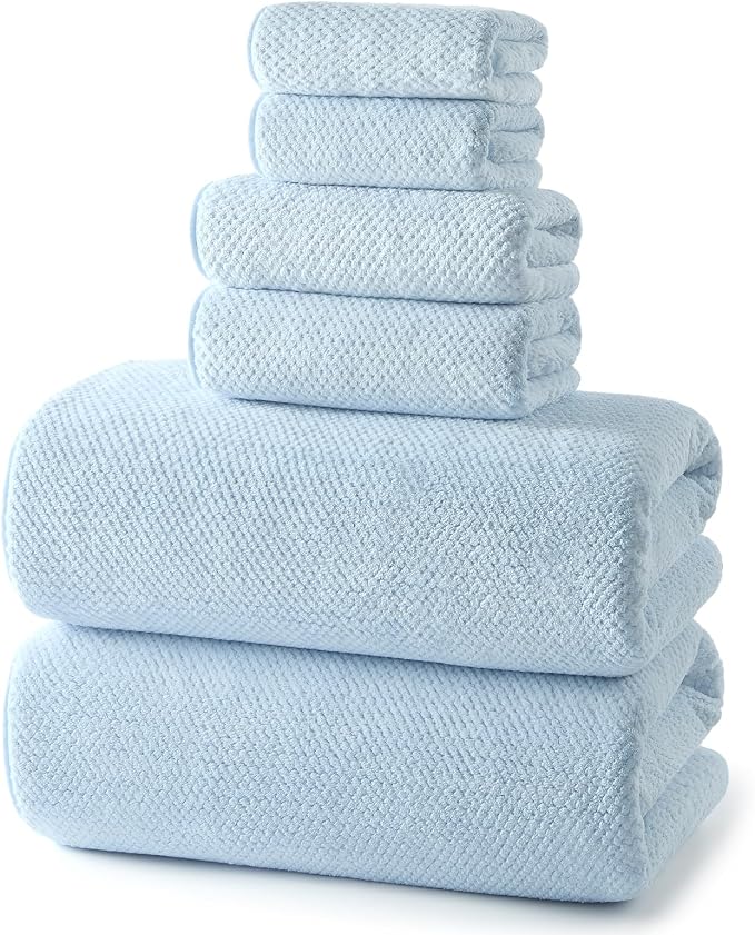 REDKISS Ultra Soft 6 Piece Towel Set, Premium Towels for Bathroom, Highly Absorbent, Quick Dry, Lightweight Bath Towels Set Collection, Includes 2 Bath Towels, 2 Hand Towels, 2 Washcloths, Light Blue