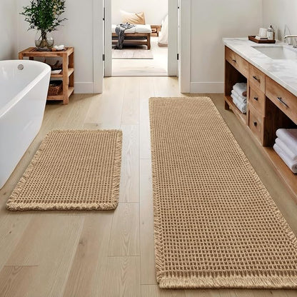 MIULEE Set of 2 Waffle Bathroom Rugs Boho Bath Mat Brown 17"x24"+17"x48" | Non Slip, Super Absorbent, Washable, Ultra Soft, Rubber Backed, Small Bath Rug and Bathroom Runner for Floor Tub Shower