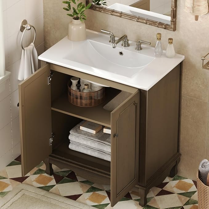 Merax 30" Vintage Bathroom Vanity with Sink, Bathroom Storage Vanity Cabinet with 2 Doors & Rubber Wood Legs & Adjustable Shelves & Antique Handles, Soft-Close Hinges, Antique Brown